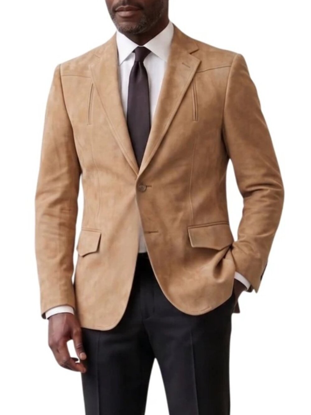 Solid Tan Suede Notch Lapel Slim Fit Men's Jacket